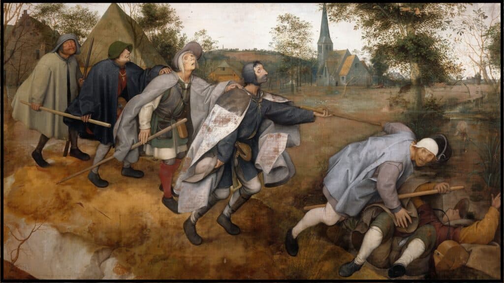 „Lasă-i! Ei sunt conducătorii orbi ai orbilor și, dacă orbul conduce pe orbi, vor cădea amândoi în groapă.” Evanghelia după Matei. În imagine - Orbul conduce pe orb de Pieter Bruegel cel Bătrân.